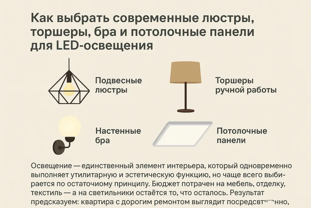 Как выбрать современные подвесные люстры, торшеры ручной работы, настенные бра и потолочные панели для LED-освещения